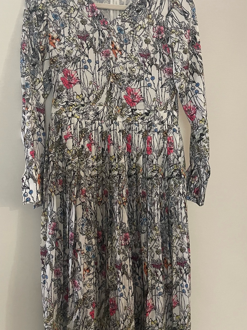 Floral Long Sleeve Midi Dress in White with Pink & Blue Flowers